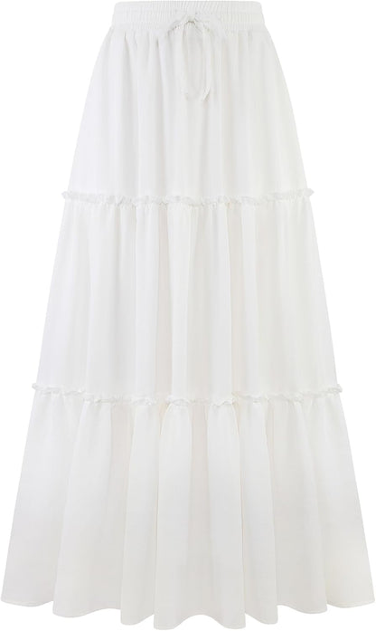 Arolina Women's Summer Maxi Skirt Trendy High Waist Pleated Ruffle Long Skirts Flowy Beach Boho Skirt Dress with Pockets