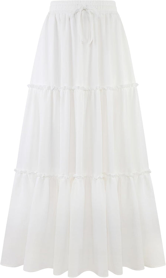 Arolina Women's Summer Maxi Skirt Trendy High Waist Pleated Ruffle Long Skirts Flowy Beach Boho Skirt Dress with Pockets