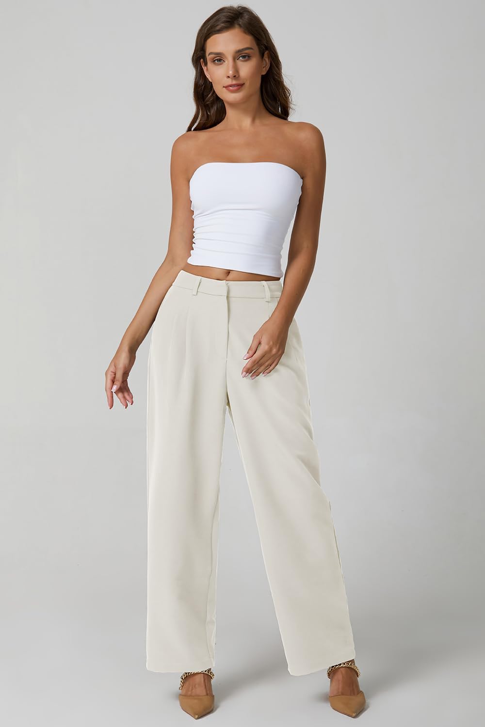 QINSEN Wide Leg Dress Pants for Women High Waisted Wrinkle Free Work Pants with Pockets Casual Slack