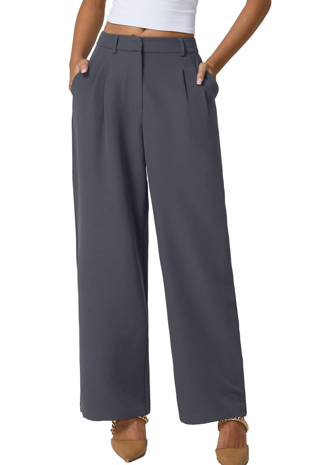 QINSEN Wide Leg Dress Pants for Women High Waisted Wrinkle Free Work Pants with Pockets Casual Slack