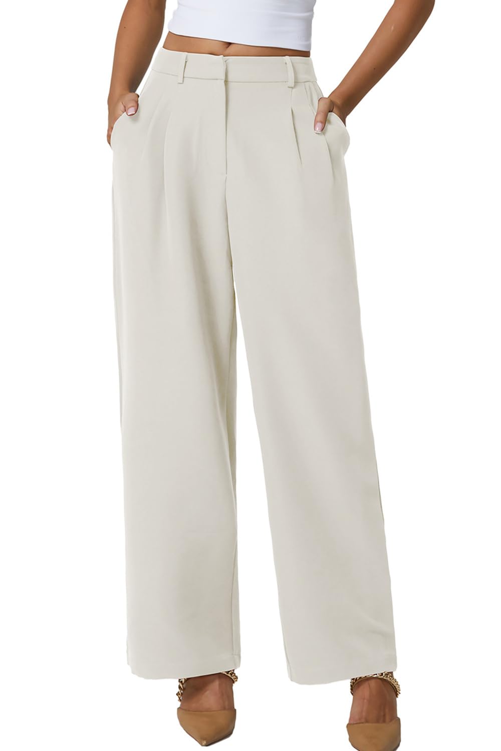 QINSEN Wide Leg Dress Pants for Women High Waisted Wrinkle Free Work Pants with Pockets Casual Slack