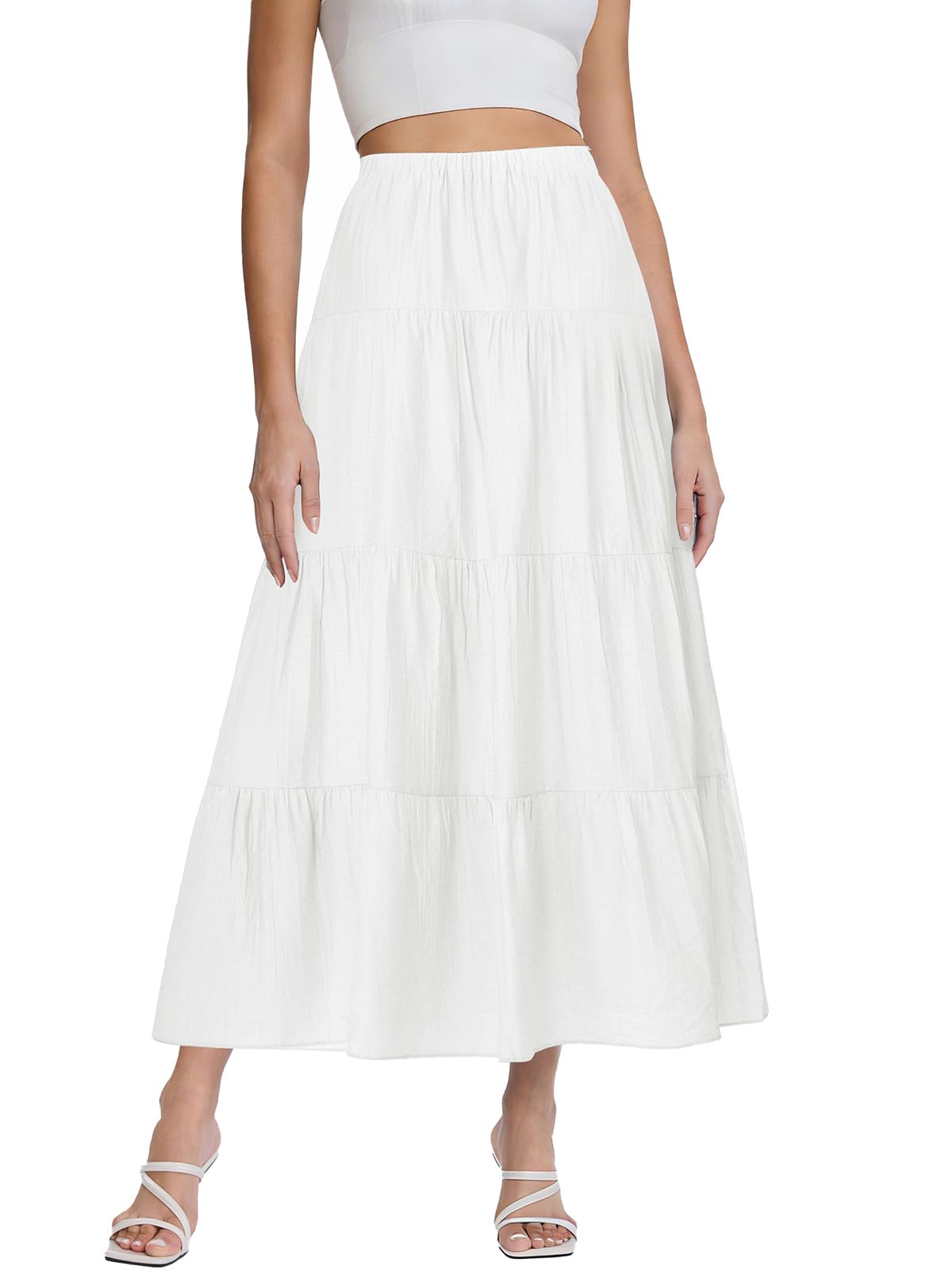 Women's White Maxi Skirt Summer Boho Long Flowy Pleated Tiered High Waist A-Line Flared Skirts