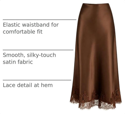 VividMosaic Lace Trim Satin Midi Skirt High Waisted Long Skirt for Women
