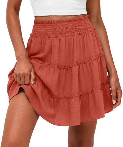 Lepunuo Women's High Waisted Tiered Smocked Ruffle Mini Skirt
