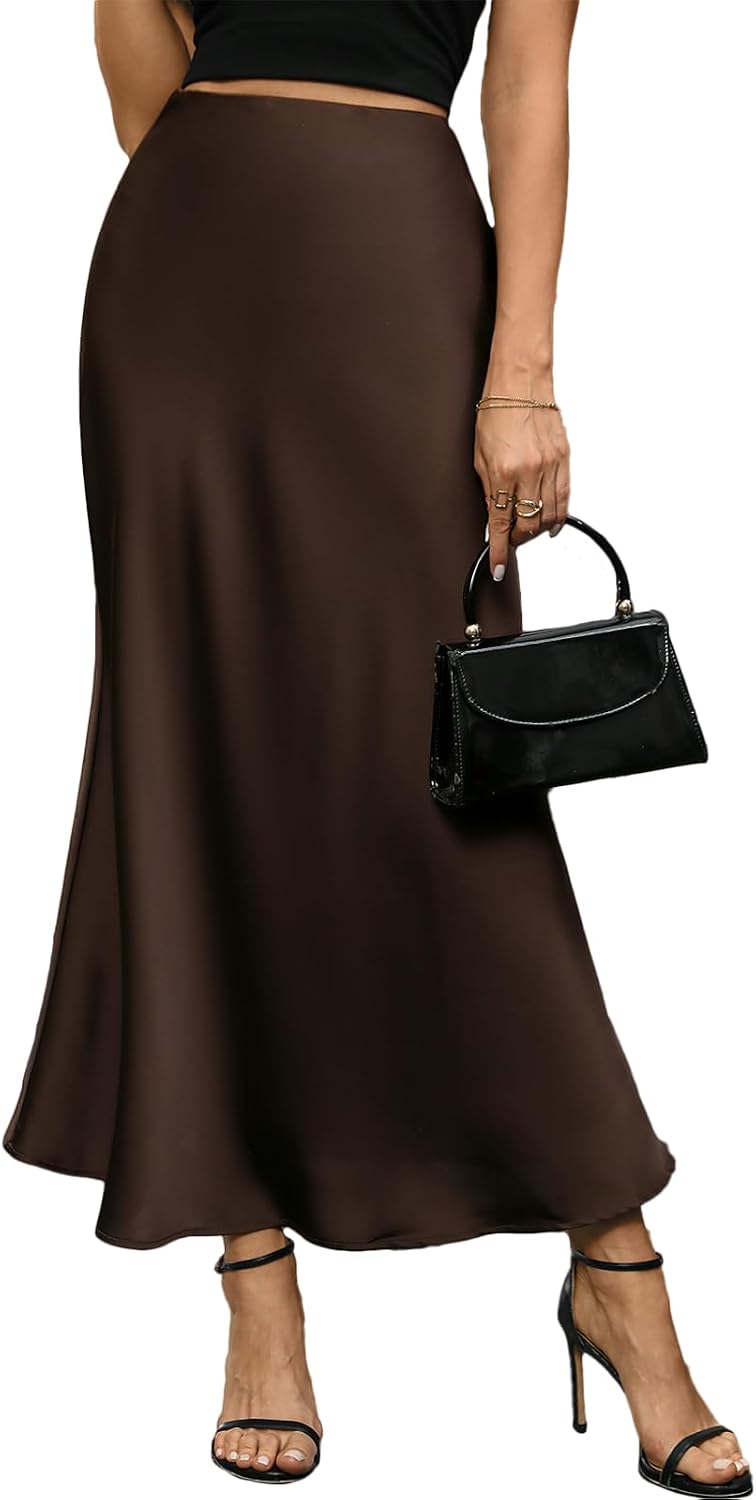 Women's Satin Long Skirt Summer High Waist A-line Skirt Hidden Elastic Waistband Elegant Casual Maxi Skirt for Women