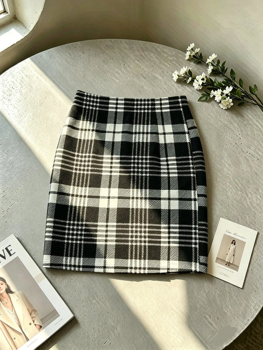 Vintage Plaid Short Skirt, High Waist Front Split Slim Fit Women's Fall Winter Half Skirt, European and American Style Fashion