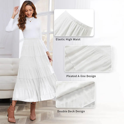 NASHALYLY Women's Chiffon Elastic High Waist Pleated A-Line Flared Maxi Skirt Flower Breathable Comfortable Casual Summer Wear White Black Christmas Vintage Floral Bohemian Boho Womenswear Summer Outfits campingessentials
