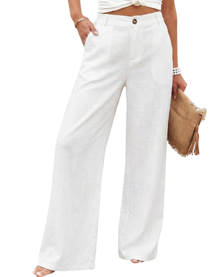 Hooever Womens Cotton Linen Pants Casual Button Up High Waisted Wide Leg Trousers