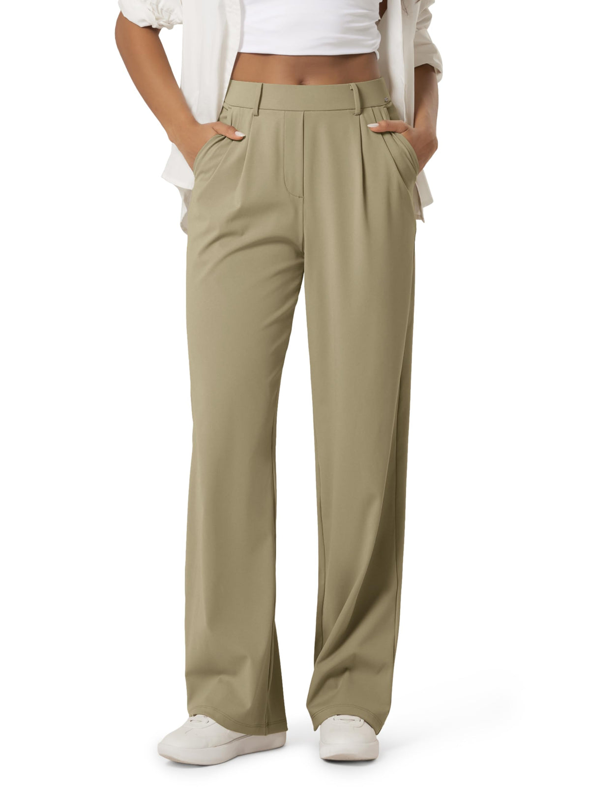 ODODOS Women's High-Rise Wide Leg Trousers, Adjustable Tailored Stretch Work Pants with Pockets, 29" /31" /33" Inseam