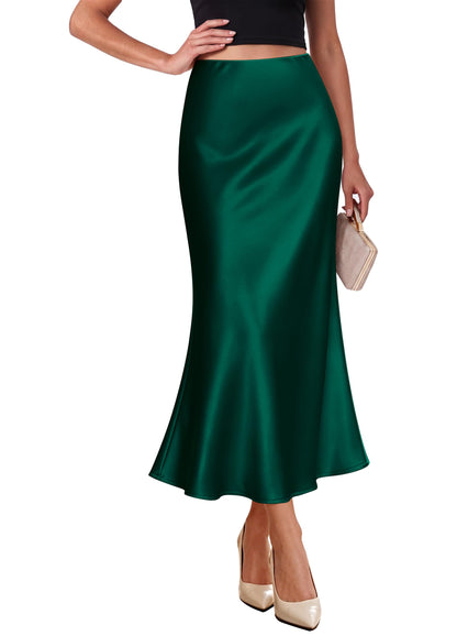 OFEEFAN Stain Skirts for Women Elegant High Waist Cocktail Party Midi Skirt