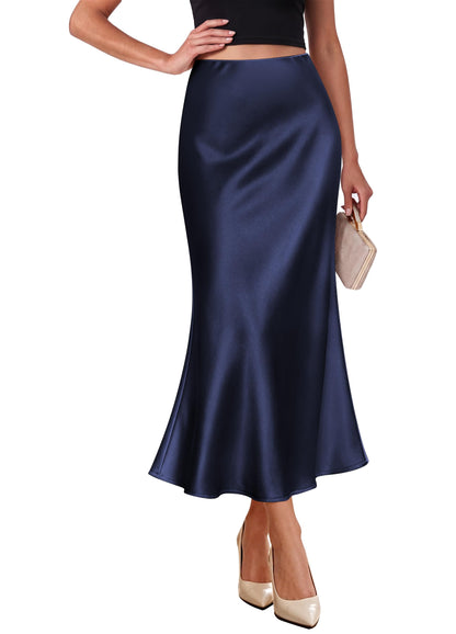 OFEEFAN Stain Skirts for Women Elegant High Waist Cocktail Party Midi Skirt