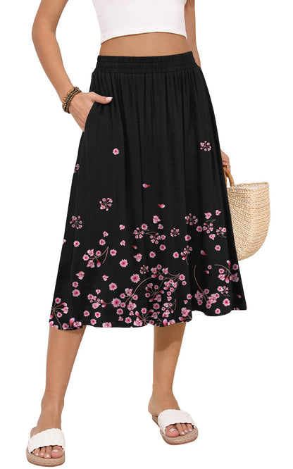 MLXSJ Women's Midi Skirt Summer Flowy Casual Skirts with Pockets S-3XL
