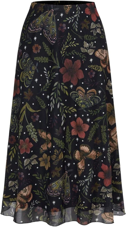 Milumia Women's Floral Mesh Midi Skirt Elastic A Line Whimsical Skirts
