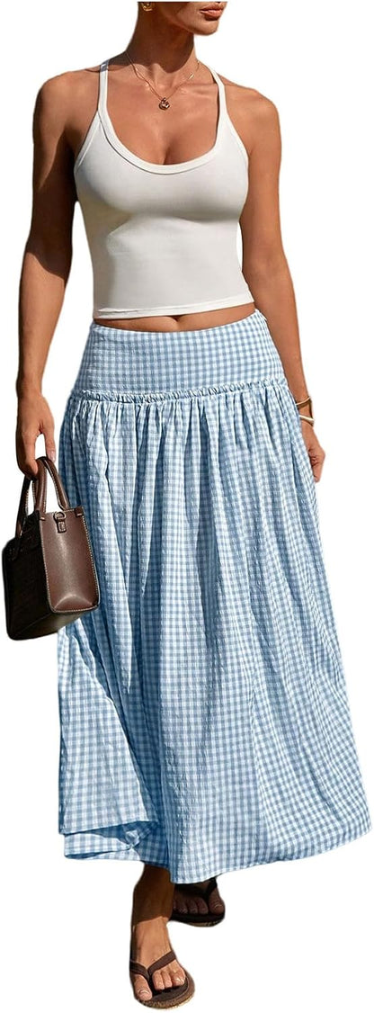 MakeMeChic Women's Plaid Gingham Maxi Skirt Low Waist Flowy Long Skirts