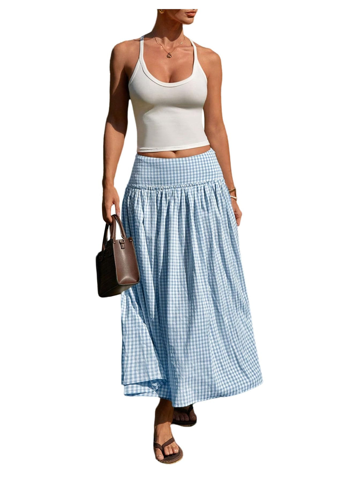 MakeMeChic Women's Plaid Gingham Maxi Skirt Low Waist Flowy Long Skirts