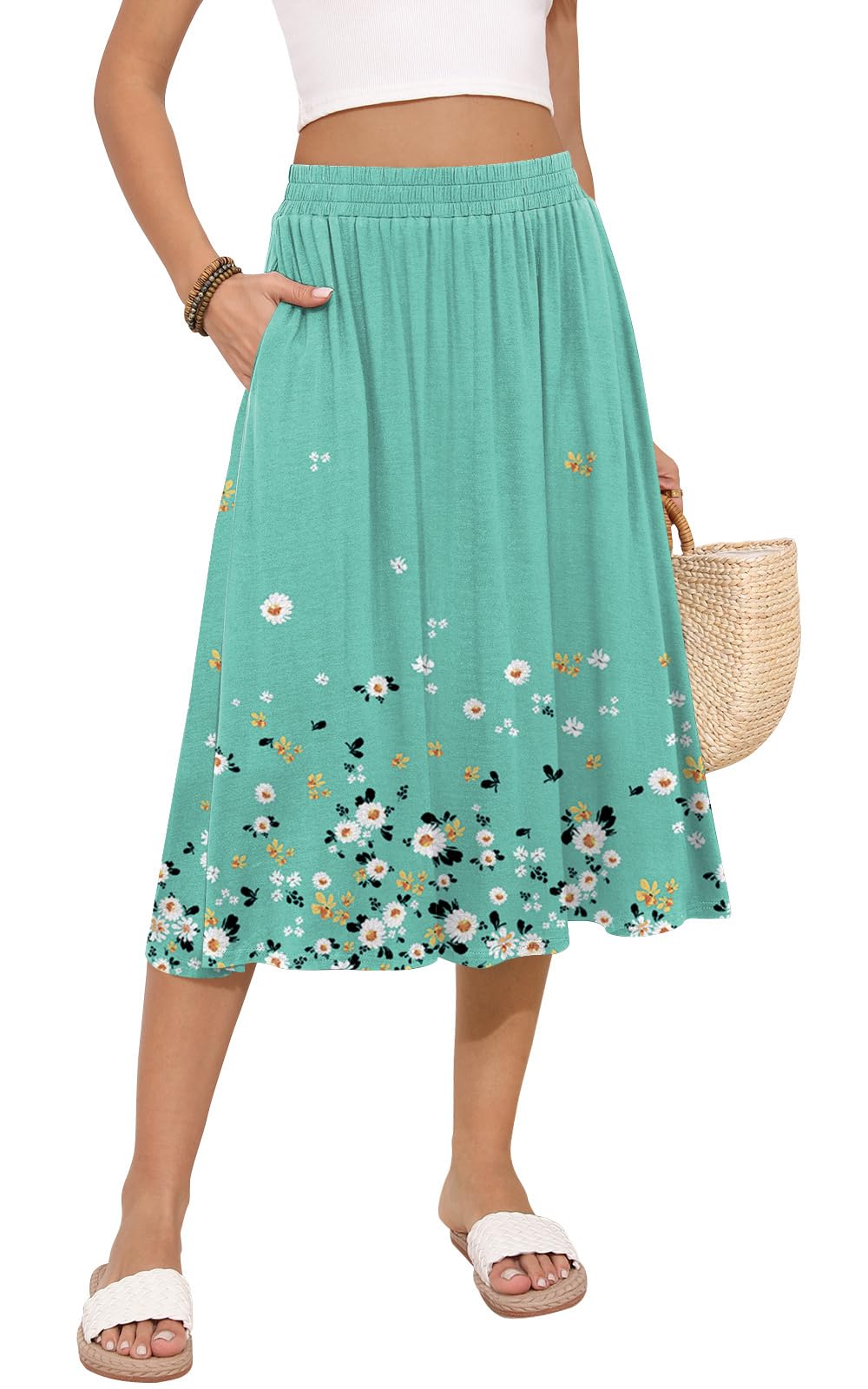 MLXSJ Women's Midi Skirt Summer Flowy Casual Skirts with Pockets S-3XL