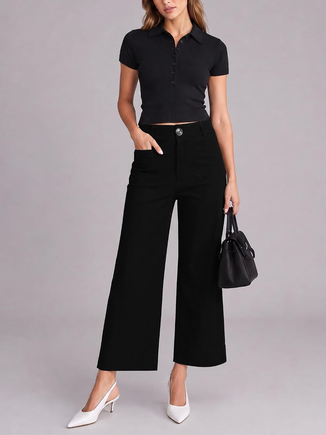 Women's High Waisted Cropped Wide Leg Pants with Pockets