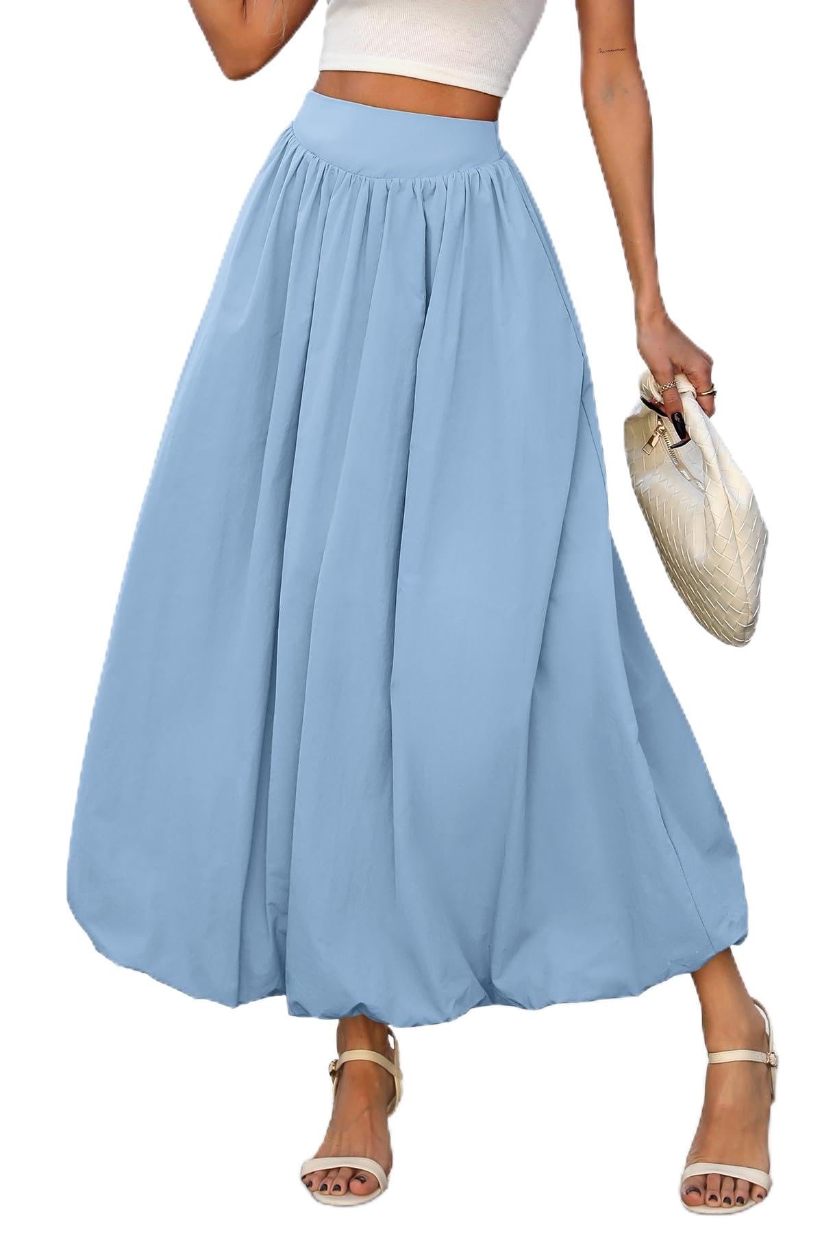 ELLEVEN Women's Bubble Maxi Skirt, Elastic Waist Puffy Hem A-Line Skirts