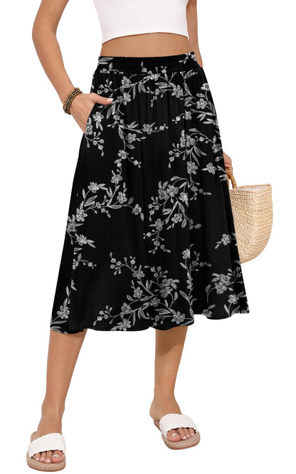 MLXSJ Women's Midi Skirt Summer Flowy Casual Skirts with Pockets S-3XL