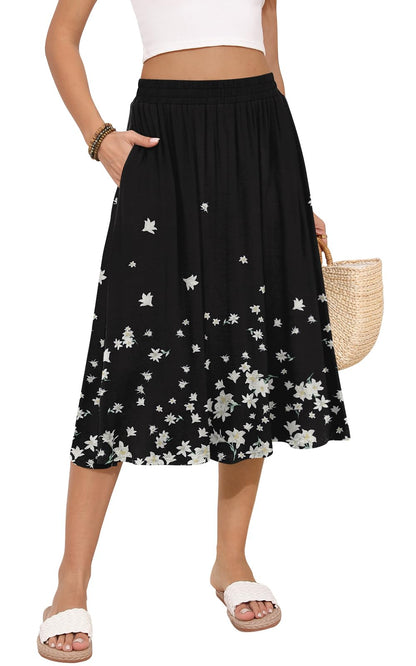 MLXSJ Women's Midi Skirt Summer Flowy Casual Skirts with Pockets S-3XL