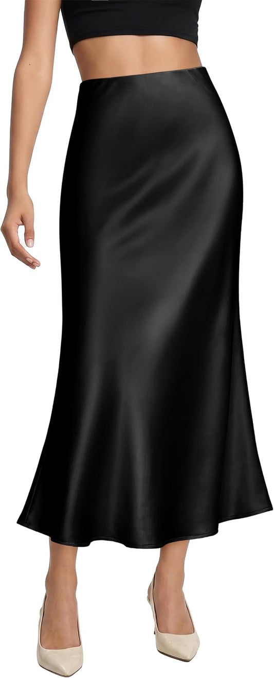 OFEEFAN Stain Skirts for Women Elegant High Waist Cocktail Party Midi Skirt