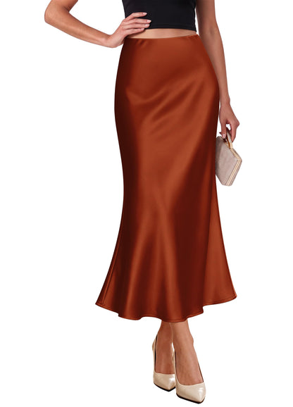 OFEEFAN Stain Skirts for Women Elegant High Waist Cocktail Party Midi Skirt