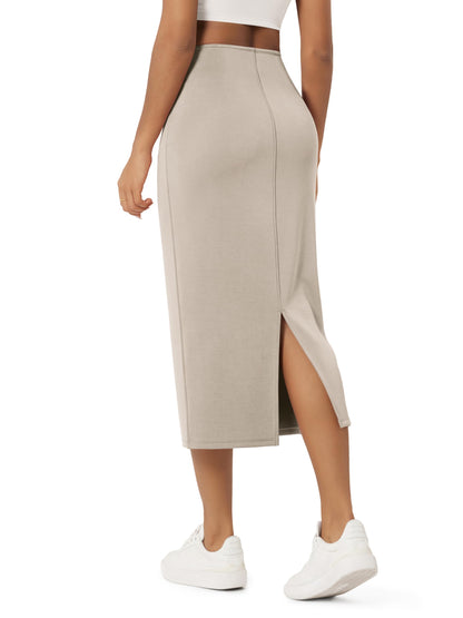 ODODOS Modal Soft Midi Skirt for Women Back Slit High Waist Casual Long Pencil Skirts with Pockets