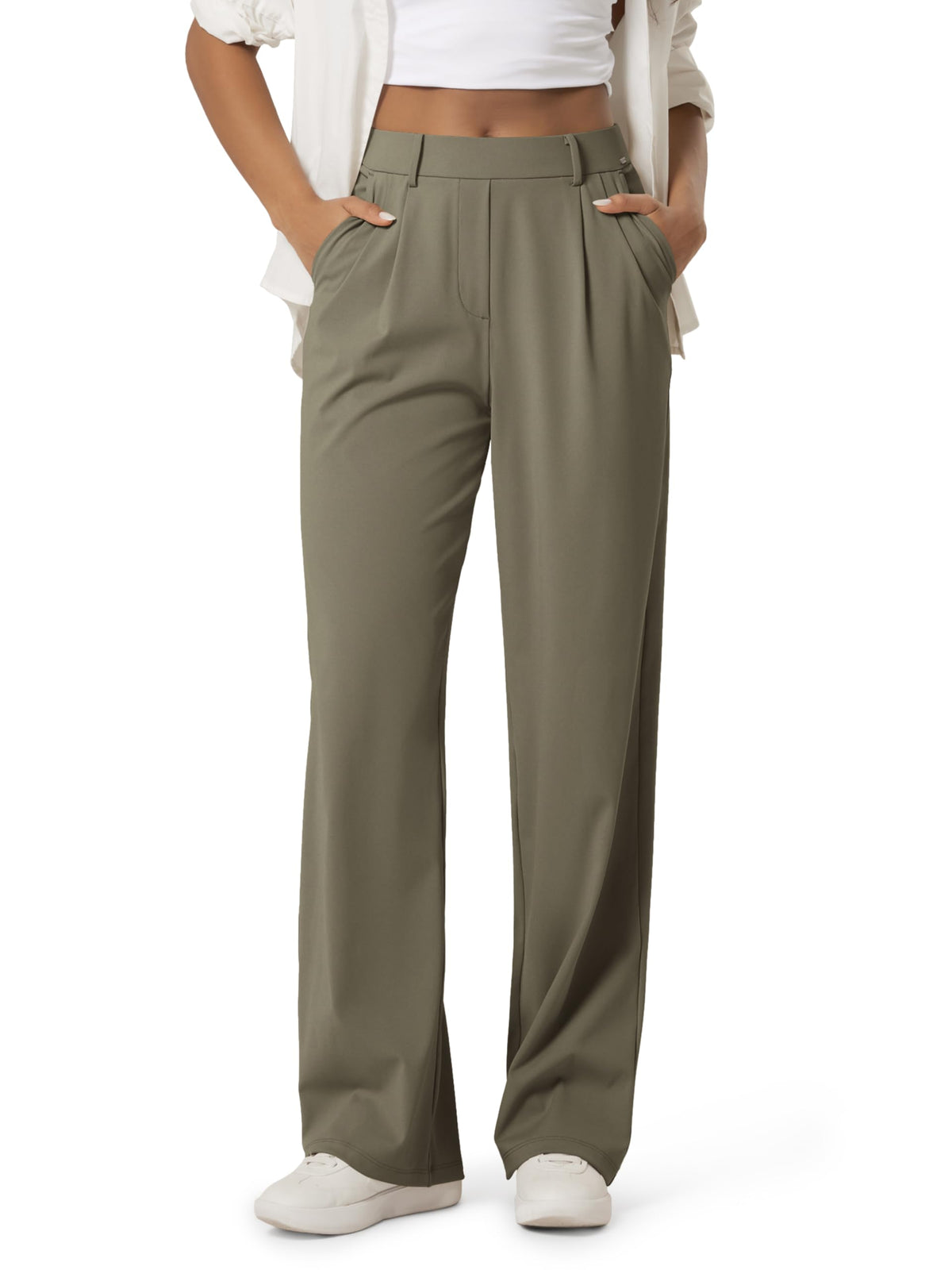 ODODOS Women's High-Rise Wide Leg Trousers, Adjustable Tailored Stretch Work Pants with Pockets, 29" /31" /33" Inseam