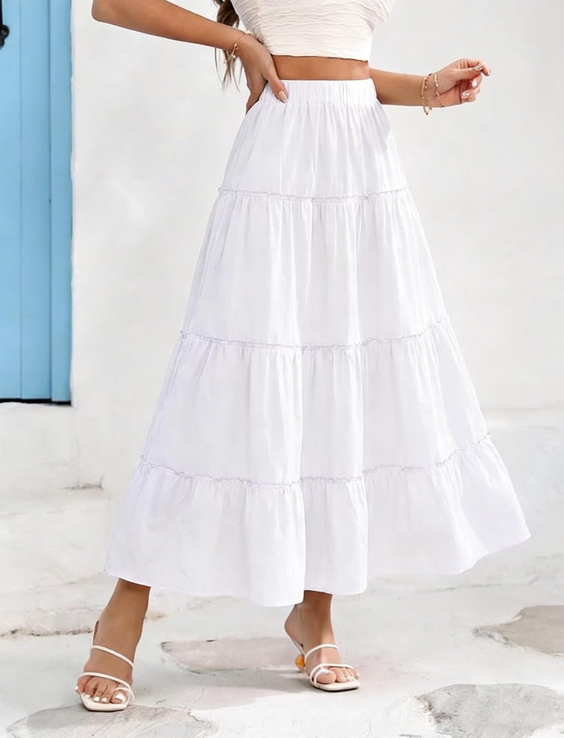 Cotton Maxi Skirt for Women Flowy Tiered Boho with Elastic Waist