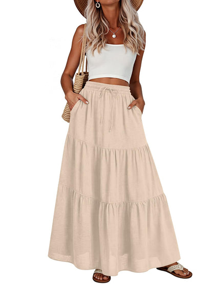 Addtoo Womens Maxi Skirt Pleated Tiered A-Line Elastic Waist Midi Skirt