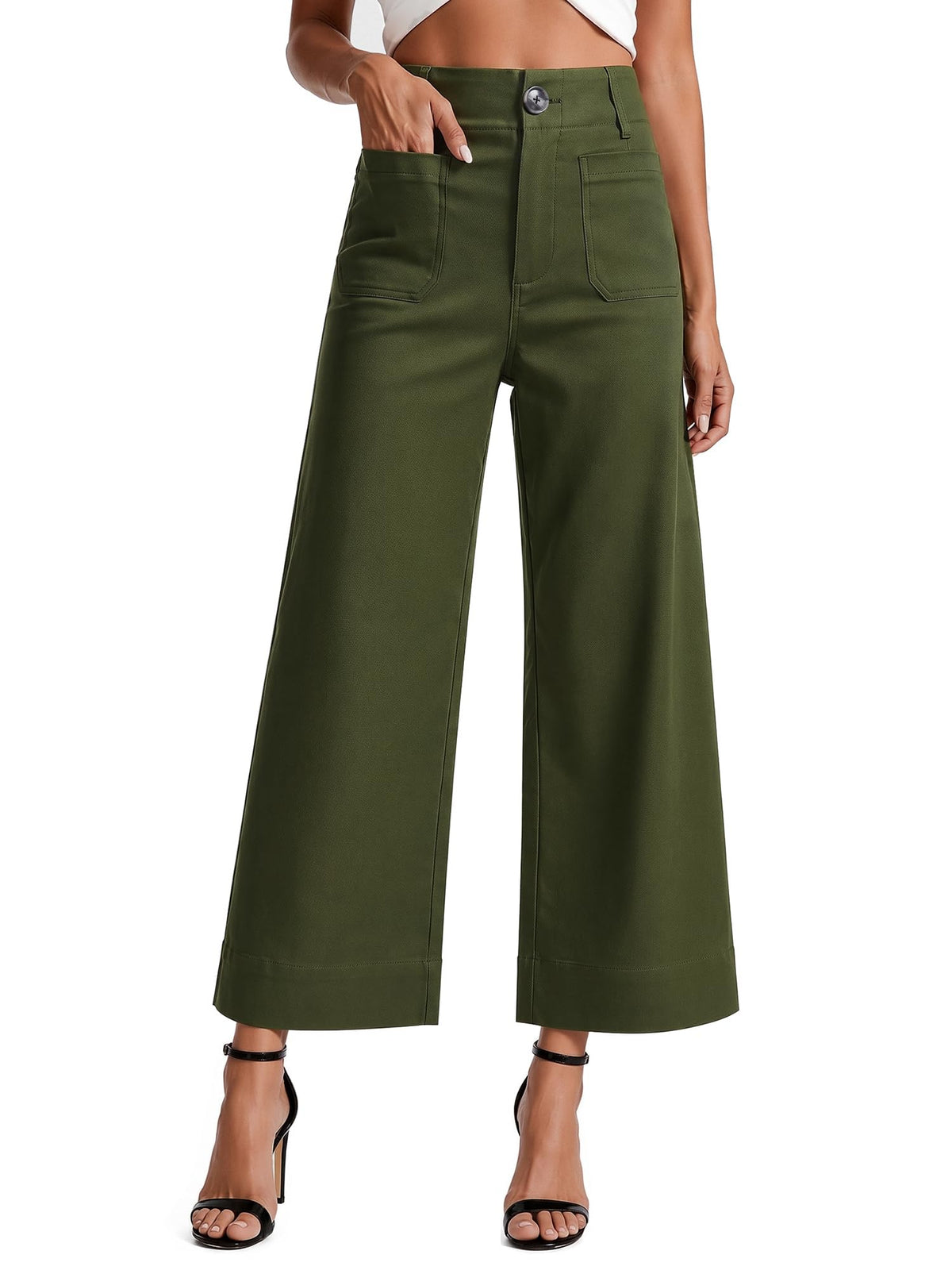 Women's High Waisted Cropped Wide Leg Pants with Pockets