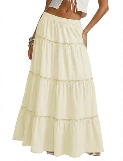 Cotton Maxi Skirt for Women Flowy Tiered Boho with Elastic Waist