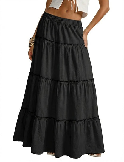 Cotton Maxi Skirt for Women Flowy Tiered Boho with Elastic Waist