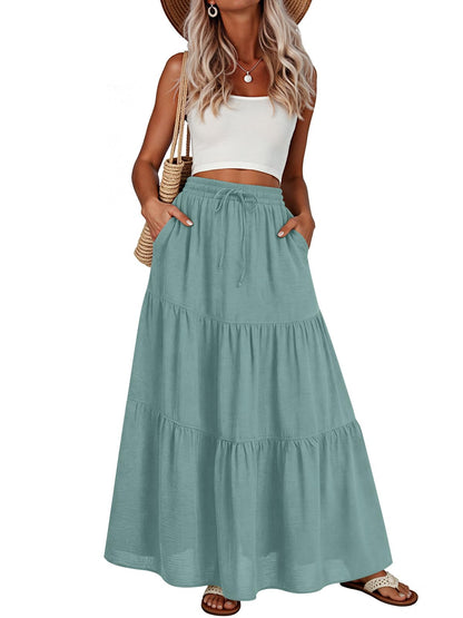 Addtoo Womens Maxi Skirt Pleated Tiered A-Line Elastic Waist Midi Skirt