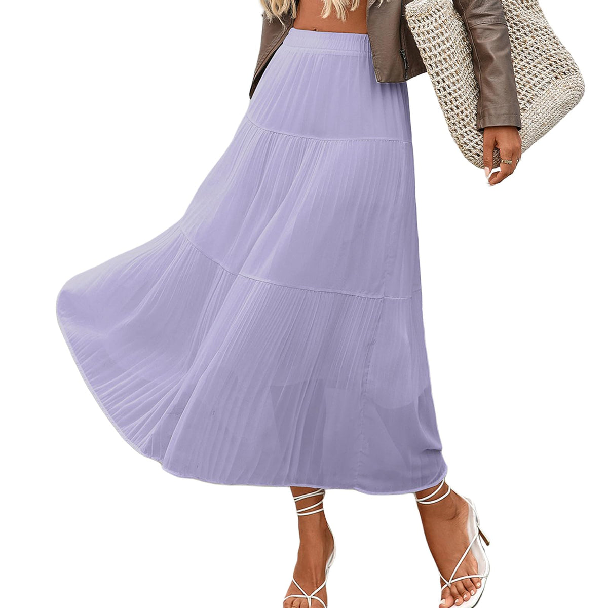 Women's White Maxi Skirt Summer Boho Long Flowy Pleated Tiered High Waist A-Line Flared Skirts