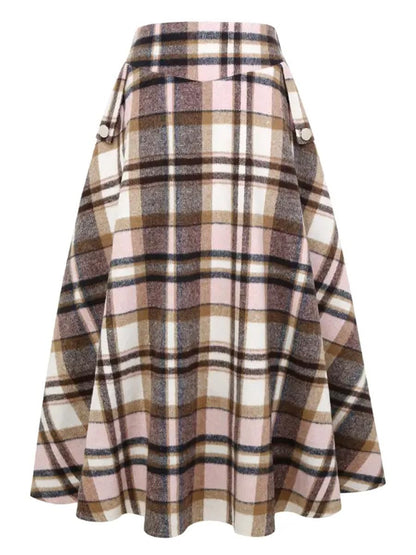 IDEALSANXUN Women’s Fall Winter High Waisted Wool Plaid A-line Long Skirt