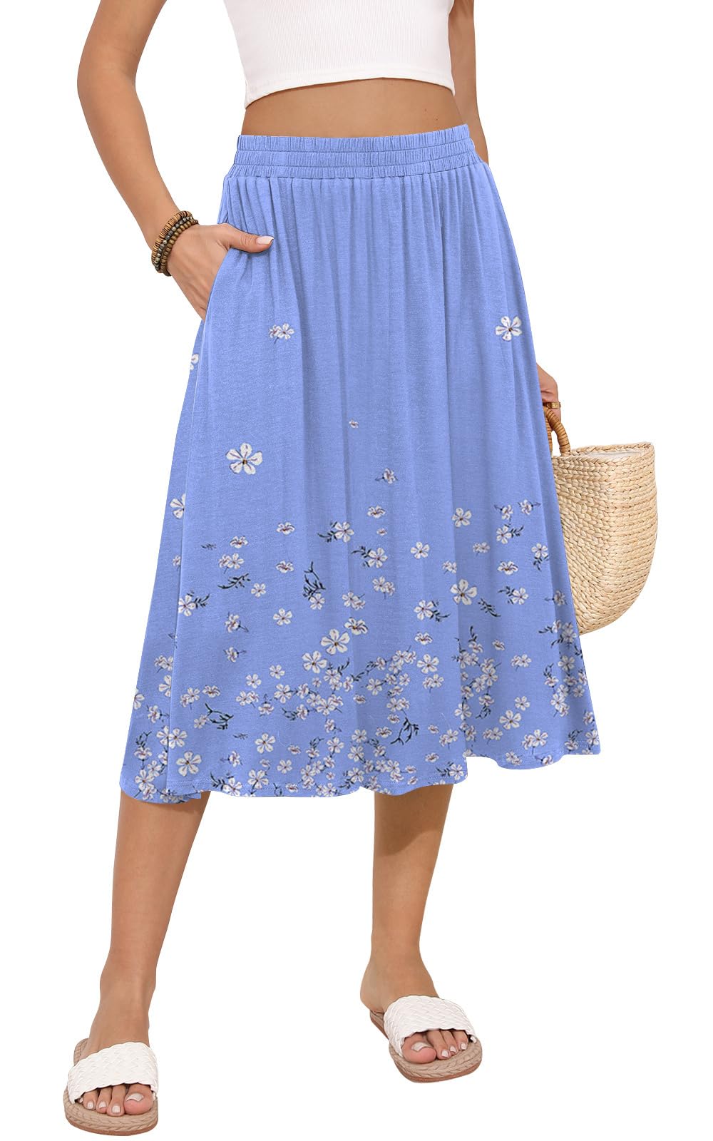 MLXSJ Women's Midi Skirt Summer Flowy Casual Skirts with Pockets S-3XL