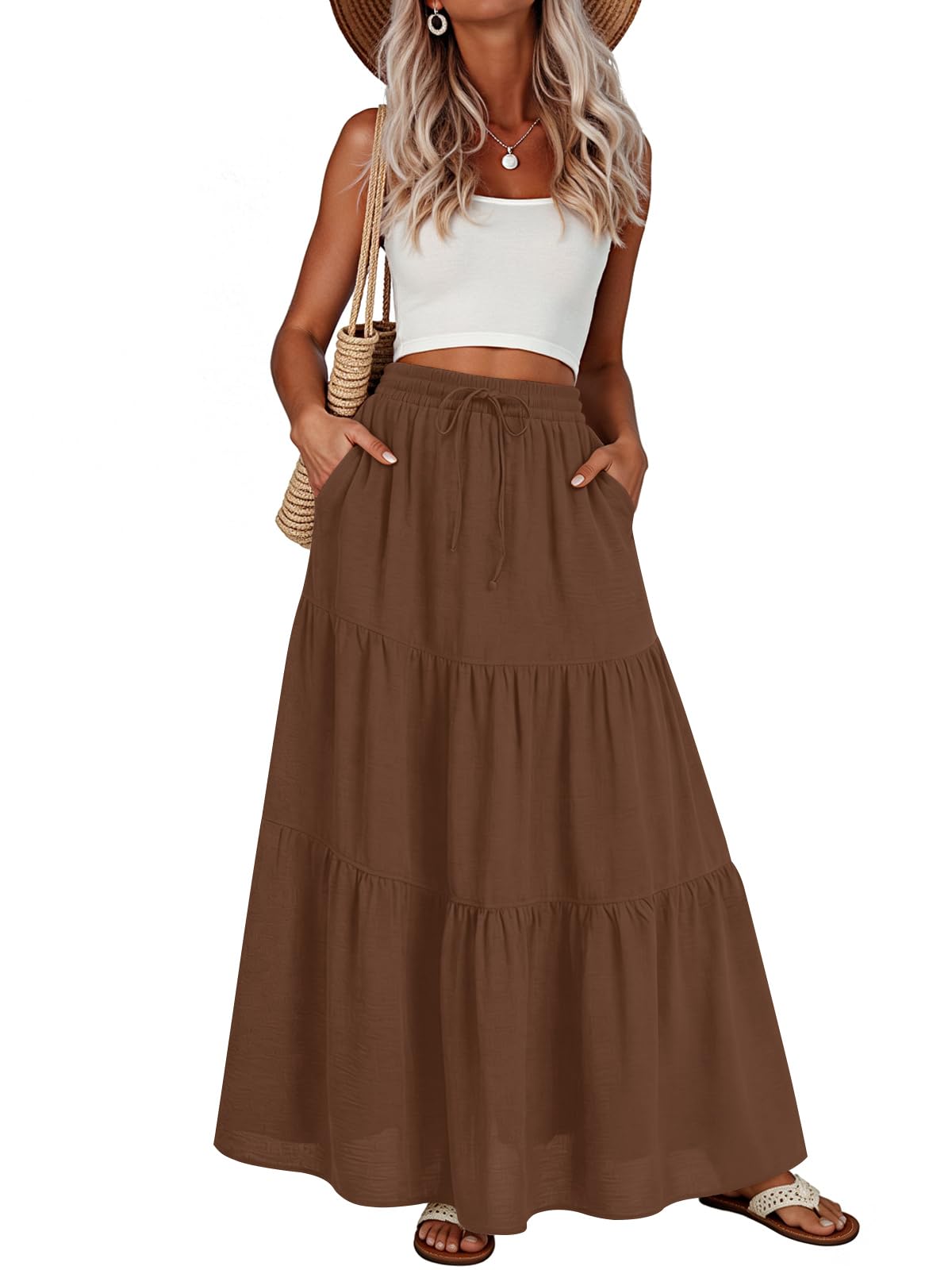 Addtoo Womens Maxi Skirt Pleated Tiered A-Line Elastic Waist Midi Skirt