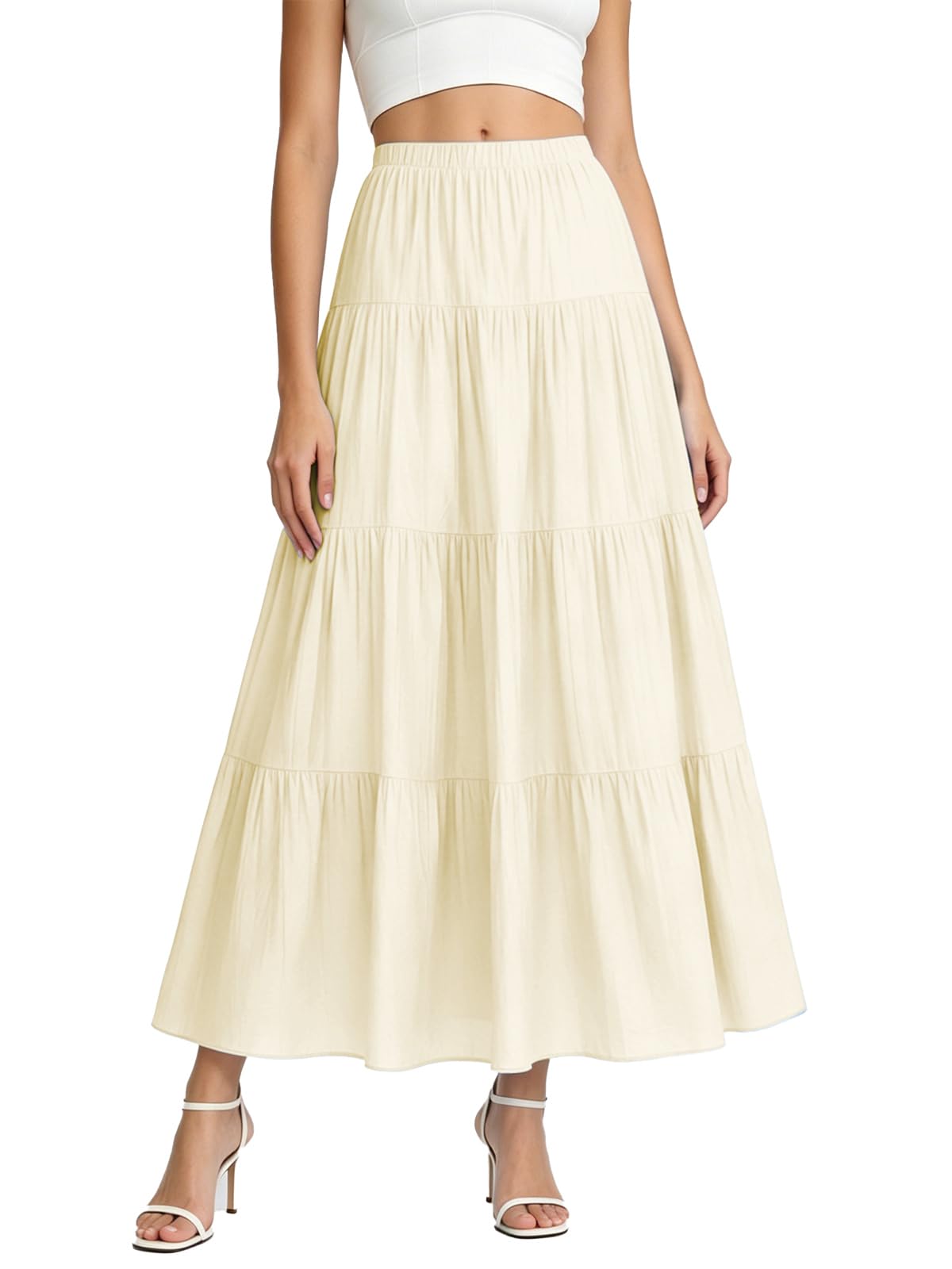 Women's White Maxi Skirt Summer Boho Long Flowy Pleated Tiered High Waist A-Line Flared Skirts