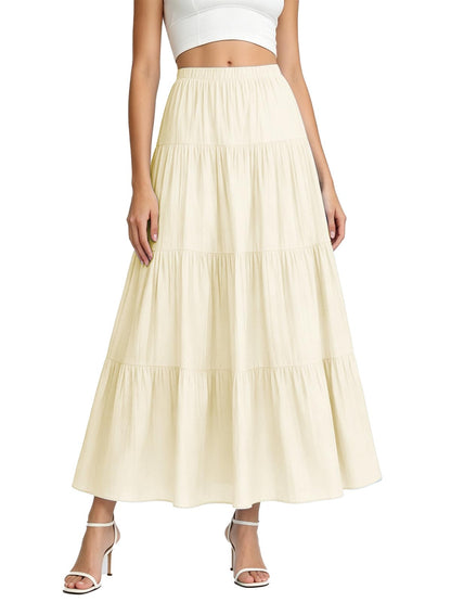 Women's White Maxi Skirt Summer Boho Long Flowy Pleated Tiered High Waist A-Line Flared Skirts