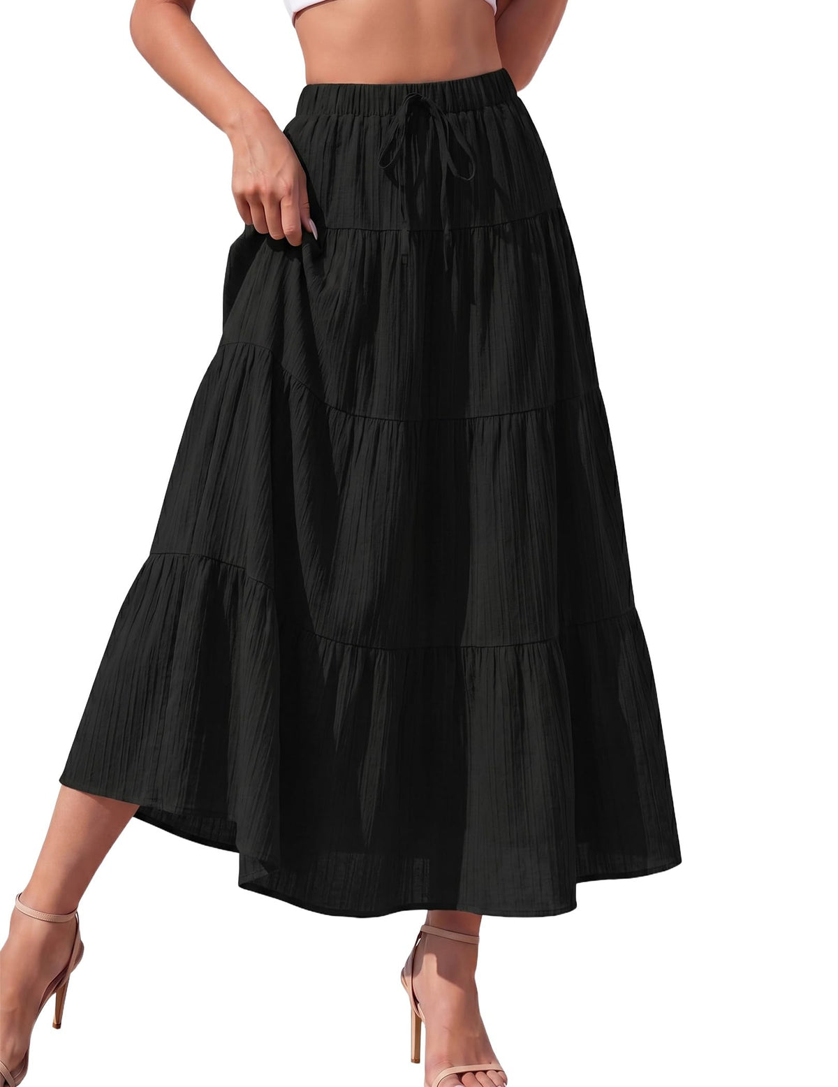 DERAX Women's Boho Flowy White Maxi Skirt Ruffle Elastic Waist Long Skirts