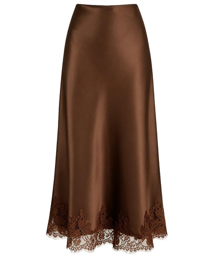 VividMosaic Lace Trim Satin Midi Skirt High Waisted Long Skirt for Women
