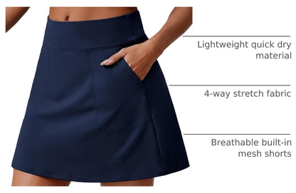 PINSPARK 17" Golf Skorts for Woman High Waisted Tennis Skirt with 4 Pockets