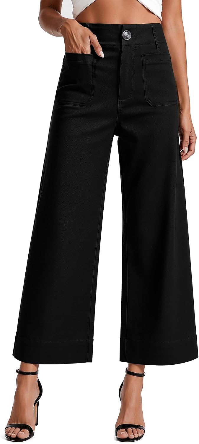 Women's High Waisted Cropped Wide Leg Pants with Pockets