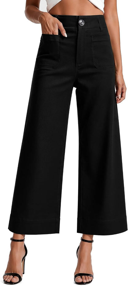 Women's High Waisted Cropped Wide Leg Pants with Pockets