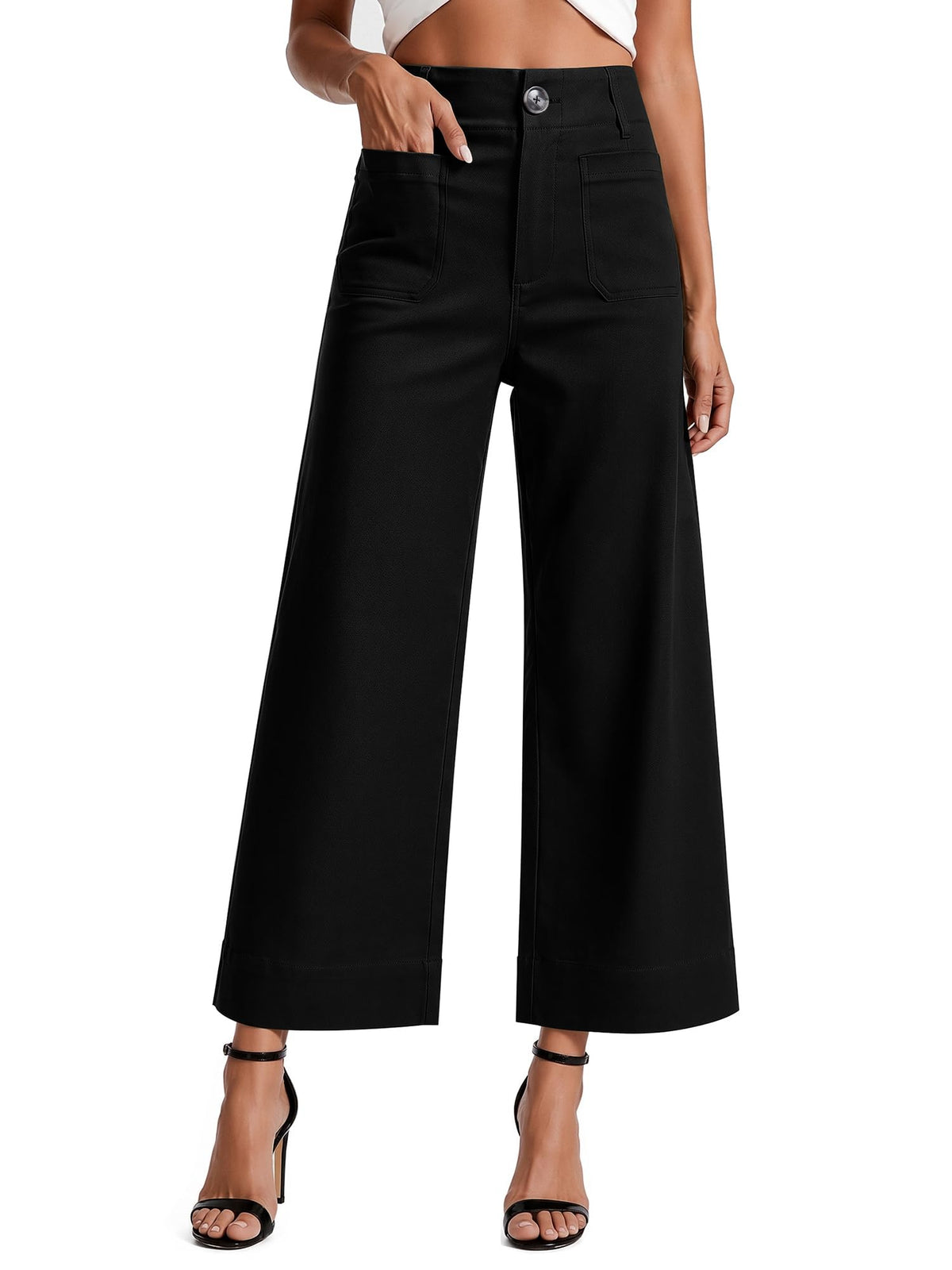 Women's High Waisted Cropped Wide Leg Pants with Pockets