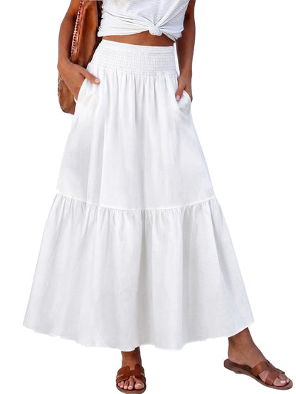 Women's Boho Maxi Skirt Floral Smocked High Waist Long Skirts with Pockets
