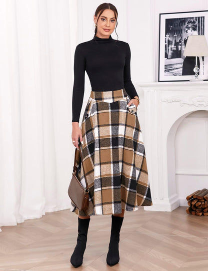IDEALSANXUN Women’s Fall Winter High Waisted Wool Plaid A-line Long Skirt