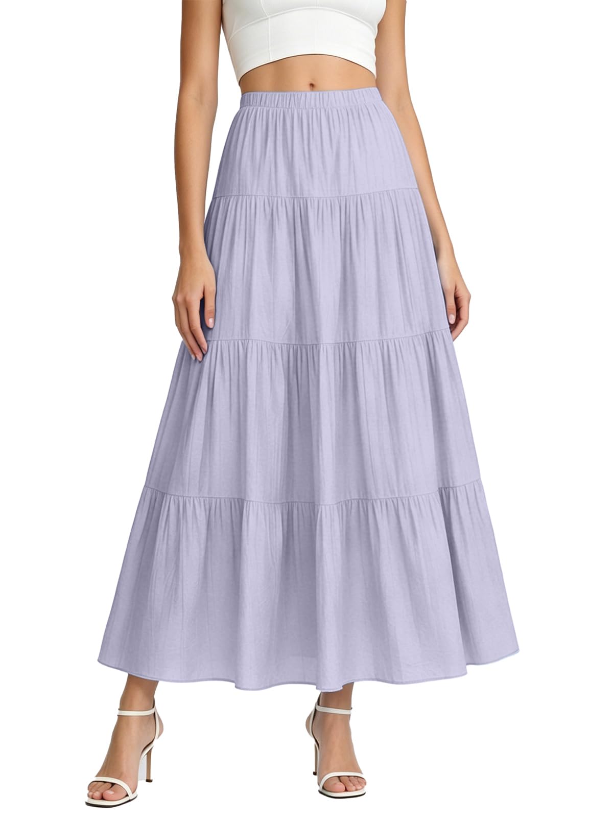 Women's White Maxi Skirt Summer Boho Long Flowy Pleated Tiered High Waist A-Line Flared Skirts