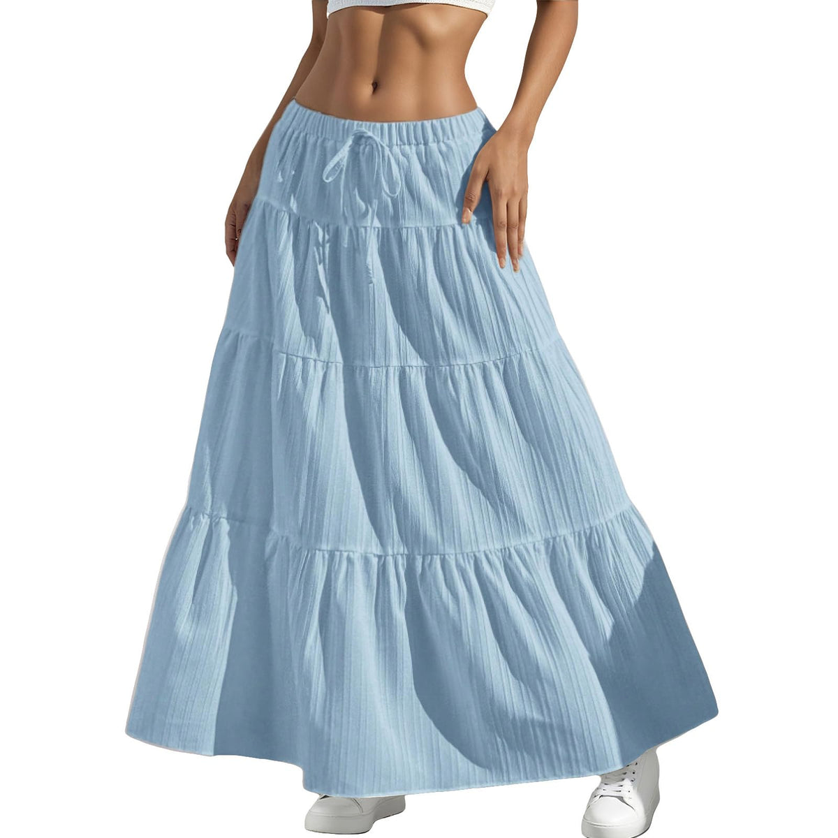 Women's White Maxi Skirt Summer Boho Long Flowy Pleated Tiered High Waist A-Line Flared Skirts